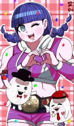 1girl blue_eyes braid brain chocolate confetti heart heart_hands highres long_hair looking_at_viewer mojiro_moko muscular muscular_female nigou_(hundred_line) one_eye_closed pink_background purple_hair simple_background sirei_(hundred_line) standing the_hundred_line_-last_defense_academy- twin_braids twintails wink wrestler