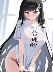 black_hair black_halo blue_archive blush bottomless breasts bright_pupils clothes_writing collarbone commentary_request hair_ornament halo highres large_breasts long_hair looking_at_viewer moredetale naked_shirt red_eyes rio_(blue_archive) see-through_clothes see-through_shirt shirt shirt_tug t-shirt thighs very_long_hair
