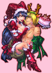 00s 1boy 1girl adiane blue_hair boots bow breasts cake carrying christmas cleavage couple eyepatch food fruit hat hetero jester_cap long_hair low-tied_long_hair pastry pink_background piote red_eyes santa_costume santa_hat scorpion_tail strawberry tail tattoo tengen_toppa_gurren_lagann topless_male viral_(ttgl)