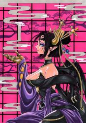 Rule 34 | 1girl, bare shoulders, black bodysuit, black wings, blue eyes, bodysuit, breasts, cleavage, cowboy shot, demon girl, demon horns, demon wings, detached sleeves, digimon, digimon (creature), eyeshadow, from side, hair bun, highres, horns, large breasts, lilithmon, makeup, miura satoru, multiple wings, pink background, pointy ears, profile, purple eyes, purple eyeshadow, purple sleeves, smoke, solo, wide sleeves, wings