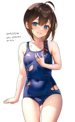 1girl ahoge blue_eyes blush braid breasts brown_hair dated gluteal_fold hair_flaps hair_over_shoulder hair_ribbon hanako_(peanut) highres kantai_collection long_hair looking_at_viewer ribbon school_swimsuit shigure_(kancolle) signature single_braid sitting small_breasts smile swimsuit torn_clothes torn_swimsuit white_background