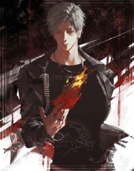 1boy black_jacket black_shirt chain chain_necklace closed_mouth ear_piercing earrings english_text fire grey_hair gulu_(youmiaoyoudianer) highres jacket jewelry leather leather_jacket looking_at_object love_and_deepspace male_focus necklace nose parted_bangs piercing red_eyes ring shirt short_hair slit_pupils solo sylus_(love_and_deepspace) upper_body