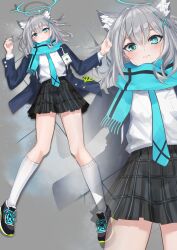 1girl absurdres animal_ear_fluff animal_ears black_shoes black_skirt blue_archive blue_eyes blue_jacket blue_necktie blue_scarf blush closed_mouth cross_hair_ornament hair_ornament highres id_card jacket kc_ncp kneehighs long_hair looking_at_viewer lying necktie on_back plaid_clothes plaid_skirt scarf shiroko_(blue_archive) shoes sidelocks skirt smile socks solo very_long_hair white_socks wolf_ears wolf_girl