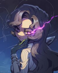 1girl absurdres anjo_nala black_hair blue_background closed_mouth flaming_eye from_side gloves green_gloves hand_on_own_chin hand_up highres long_hair looking_at_viewer pinstripe_pattern pinstripe_shirt purple_eyes reverse:1999 shirt smile solo striped_clothes striped_shirt takiminada turning_head upper_body vertical-striped_clothes vertical-striped_shirt white_shirt