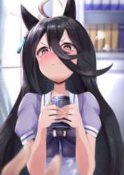 01_leesuke 1girl 1other :t ahoge animal_ears black_hair blush bow bowtie can canned_coffee drink_can ear_tag earrings flying_sweatdrops grey_hair hair_between_eyes hands_up highres holding holding_can horse_ears horse_girl jewelry long_bangs long_hair long_hair_between_eyes manhattan_cafe_(umamusume) multicolored_hair pout pov puff_of_air puffy_short_sleeves puffy_sleeves purple_bow purple_bowtie purple_sailor_collar purple_shirt sailor_collar shirt short_sleeves single_earring solo_focus umamusume vending_machine very_long_hair wavy_mouth yellow_eyes