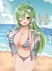 2girls ;d antenna_hair beach bikini blue_bikini breasts cleavage cloud collarbone cowboy_shot day frog_hair_ornament green_eyes green_hair hair_between_eyes hair_ornament hair_tubes highres kochiya_sanae large_breasts long_hair looking_at_viewer moriya_suwako multiple_girls navel ocean one_eye_closed open_clothes open_mouth open_shirt outdoors sand shirt side-tie_bikini_bottom single_hair_tube sleeveless sleeveless_shirt smile snake_hair_ornament striped_bikini striped_clothes suwa_yasai swimsuit te_ru_ya touhou vertical-striped_bikini vertical-striped_clothes water white_shirt