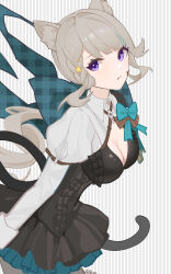1girl absurdres ai_dongdong animal_ears back_bow black_dress blue_bow blue_skirt blunt_bangs bow breasts cat_ears cat_girl cat_tail cleavage cow dot_nose dress drill_hair drill_ponytail facial_mark from_side genshin_impact grey_hair hair_ornament highres juliet_sleeves large_breasts layered_dress long_hair long_sleeves looking_at_viewer lynette_(genshin_impact) parted_lips plaid_bow ponytail puffy_sleeves purple_eyes shrug_(clothing) sidelocks signature simple_background skirt solo star_(symbol) star_facial_mark star_hair_ornament striped_background tail white_background white_shrug