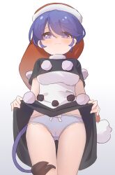 1girl absurdres black_dress blue_eyes blue_hair blue_panties blush bow bow_panties breasts cameltoe closed_mouth clothes_lift doremy_sweet dress dress_lift frilled_panties frills gumingdi_ban hat highres looking_at_viewer medium_breasts multicolored_dress nightcap panties pom_pom_(clothes) red_hat short_hair short_sleeves simple_background solo tail touhou two-tone_dress underwear white_background white_bow white_dress