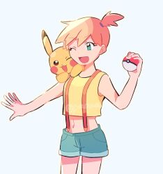 1girl ;d asymmetrical_hair blush breasts crop_top denim denim_shorts eyelashes gen_1_pokemon green_eyes green_shorts gym_leader hair_tie hand_up highres holding holding_poke_ball midriff misty_(pokemon) navel nintendo on_shoulder one_eye_closed open_mouth orange_hair pikachu poke_ball poke_ball_(basic) pokemon pokemon_(anime) pokemon_(classic_anime) pokemon_(creature) pokemon_on_shoulder pokemon_rgby ponytail shirt short_hair short_shorts shorts side_ponytail sleeveless sleeveless_shirt smile solo suspender_shorts suspenders tank_top tongue wink yellow_shirt