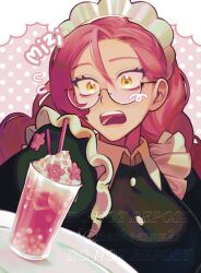 1girl alien_stage black_dress character_name dress drink drinking_straw glasses highres long_hair maid maid_headdress mizi_(alien_stage) nesheesuu2 official_alternate_costume open_mouth pink_background pink_hair polka_dot polka_dot_background solo tray watermark yellow_eyes