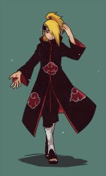 Rule 34 | 1boy, akatsuki uniform, blonde hair, blue eyes, deidara (naruto), forehead protector, full body, green background, hair over one eye, jewelry, long hair, long sleeves, looking at viewer, male focus, naruto (series), naruto shippuuden, ninja, ring, shadow, simple background, solo, standing, yosakuh