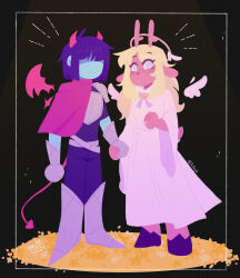 1girl 1other absurdres androgynous angel_and_devil animal_ears animal_nose antenna_hair antlers armor bell black_background black_unitard blonde_hair blue_eyes blue_hair blue_skin breastplate bright_pupils brown_fur buck_teeth cape colored_skin commentary deer_antlers deer_ears deer_girl deltarune demon_horns demon_tail demon_wings detached_wings english_commentary expressionless floral_background flower freckles full_body furry furry_female gauntlets hair_over_eyes highres holding_hands hooves horns jewelry jingle_bell jxitrash knee_armor kris_(dark_world)_(deltarune) kris_(deltarune) long_hair long_sleeves mini_wings neck_bell no_fingers noelle_holiday noelle_holiday_(dark_world) pink_cape red_wings ring robe shaded_face short_hair shoulder_armor sidelocks tail teeth unitard white_pupils white_robe white_wings wide_sleeves wings yellow_flower