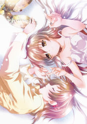 Rule 34 | 00s, 2girls, bad id, bad pixiv id, brown eyes, brown hair, clannad, covered erect nipples, dress, flat chest, furukawa nagisa, garbage doll, girl from the illusionary world, highres, izumi (sachikara), long hair, lying, multiple girls, on back, on side, pajamas, robot, rotational symmetry, short hair, sleeping, smile, strap slip, sundress