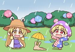 2girls american_flag american_flag_dress american_flag_print blonde_hair blush blush_stickers brown_hat chibi clownpiece coat fairy_wings flag_print hat highres long_hair moriya_suwako multiple_girls open_mouth pantyhose polka_dot polka_dot_headwear purple_skirt purple_vest rain red_eyes shitacemayo skirt slug star_(symbol) star_print striped_clothes touhou transparent_wings umbrella very_long_hair vest wings yellow_eyes yellow_umbrella