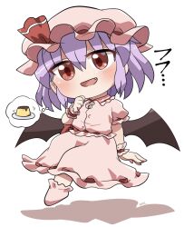 :d blush chibi chibi_only collared_shirt commentary_request fang food frilled_shirt_collar frills full_body hair_between_eyes hand_up hat hat_ribbon highres looking_at_viewer mob_cap open_mouth pink_hat pink_shirt pink_shoes pink_skirt pudding purple_hair red_eyes red_ribbon remilia_scarlet ribbon ribbon-trimmed_skirt ribbon_trim rokugou_daisuke shirt shoes short_hair short_sleeves signature simple_background skirt skirt_set smile solo speech_bubble spoken_food thought_bubble touhou white_background wrist_cuffs