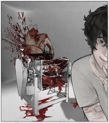 1boy 1other 2boys bandaged_arm bandages black_hair blood blood_drip blood_splatter castration corpse guro highres injury intestines meat_grinder multiple_boys multiple_moles organs pale_skin pubic_hair self-harm severed_limb severed_torso shirt smile tan tongue tongue_out white_background white_shirt