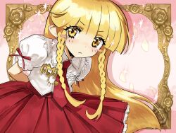 1girl arms_behind_back blonde_hair blush_stickers border braid breast_pocket closed_mouth collared_shirt drop_shadow eyelashes high-waist_skirt highres long_hair looking_at_viewer necktie original ornate_border oyasumi_guu_guu pink_background pleated_skirt pocket pointy_ears puffy_short_sleeves puffy_sleeves red_necktie red_skirt shirt short_sleeves skirt solo twin_braids v-shaped_eyebrows white_shirt yellow_eyes