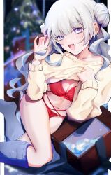1girl :d absurdres blue_eyes blue_socks bow bow_panties bra breasts character_request christmas_tree cleavage closed_mouth clothes_lift commentary_request copyright_request double_bun fang feet_out_of_frame hair_between_eyes hair_bun highres lifting_own_clothes long_hair long_sleeves medium_breasts multi-strapped_panties navel no_shoes open_box open_mouth outdoors panties red_bra red_panties skin_fang smile socks solo stomach sweater sweater_lift twintails underwear very_long_hair white_hair yano_(merico_jp) yellow_sweater