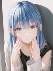 1girl :i absurdres black_undershirt blue_eyes blue_hair closed_mouth commentary fingernails hands_on_own_cheeks hands_on_own_face highres jizell long_hair long_sleeves looking_at_viewer off_shoulder open_clothes open_shirt original shirt solo strap_slip symbol-only_commentary upper_body white_shirt wide_sleeves