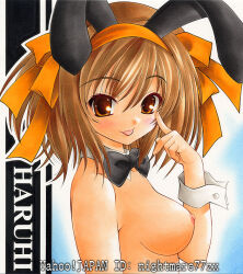 Rule 34 | 1girl, animal ears, bare shoulders, blush, breasts, brown eyes, brown hair, detached collar, hairband, leotard, looking at viewer, marker (medium), medium breasts, nightmare77zx, nipples, playboy bunny, rabbit ears, ribbon, sideboob, solo, suzumiya haruhi, suzumiya haruhi no yuuutsu, tongue, tongue out, traditional media, wrist cuffs