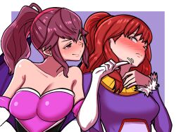 2girls anna_(fire_emblem) bare_shoulders blaze_the_cat blaze_the_cat_(cosplay) blush breasts celica_(fire_emblem) cleavage collarbone cosplay dress elbow_gloves erica_lindbeck fire_emblem fire_emblem_echoes:_shadows_of_valentia fur-trimmed_sleeves fur_trim gloves karen_strassman large_breasts long_hair long_sleeves medium_breasts mnejing30 multiple_girls nintendo nose_blush ponytail purple_dress purple_hair red_hair rouge_the_bat rouge_the_bat_(cosplay) sidelocks sonic_(series) strapless voice_actor_connection white_gloves yuri