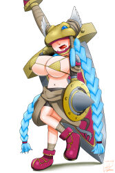 Rule 34 | alternate breast size, blue hair, blush, braid, covered eyes, digimon, digimon (creature), long hair, mask, minervamon, pixiv user (14457527), shield, sword, tongue, tongue out, weapon, wings