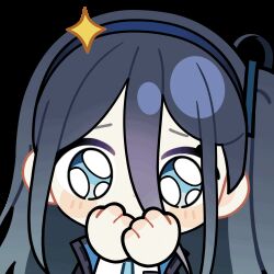 Rule 34 | 1girl, animated, animated gif, aqua eyes, aqua necktie, aris (blue archive), black jacket, blue archive, blue hair, blue hairband, blue jacket, blush stickers, chibi, chunye haruya, collared shirt, covered mouth, covering own mouth, disembodied hand, dot nose, hair between eyes, hairband, hand over own mouth, jacket, long bangs, long hair, long hair between eyes, looking at viewer, lowres, multicolored jacket, necktie, one side up, open clothes, open jacket, pleading eyes, school uniform, second-party source, shirt, simple background, solo, sparkle, transparent background, upper body, white shirt