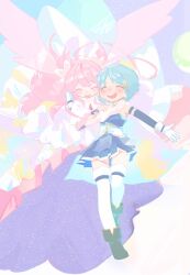 Rule 34 | 2girls, ^ ^, blue boots, blue hair, blue skirt, boots, closed eyes, detached sleeves, dress, fortissimo, full body, gloves, hair ornament, highres, hug, kaname madoka, long hair, magical girl, mahou shoujo madoka magica, mahou shoujo madoka magica: hangyaku no monogatari, miki sayaka, miki sayaka (magical girl), moettimae, multiple girls, musical note, musical note hair ornament, open mouth, pink hair, pleated skirt, short hair, skirt, smile, soul gem, teeth, thighhighs, ultimate madoka, upper teeth only, white dress, white gloves, white thighhighs, wings