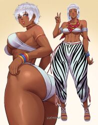 1girl 2025 abs animal_print arm_at_side arm_up armband armlet arms_up artist_name ass bare_shoulders bikini bikini_bottom_only blue_eyes blue_hair blunt_bangs border bracelet breasts brown_background capcom closed_mouth collarbone commentary covered_erect_nipples curvy dark-skinned_female dark_skin earrings elena_(street_fighter) english_commentary full_body gradient_background hair_between_eyes highleg highres hoop_earrings huge_ass jewelry large_breasts lips looking_at_viewer luchidart midriff multiple_views no_bra official_alternate_costume one_eye_closed outside_border pants parted_lips red_scarf revealing_clothes sandals scarf shiny_skin short_hair short_sleeves signature simple_background smile solo street_fighter street_fighter_6 swimsuit thick_lips thick_thighs thighs thong toenails toned toned_female underboob underwear v very_dark_skin white_border white_nails wide_hips wink zebra_print