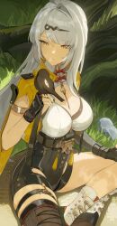 1girl absurdres bird black_bird boots breasts cleavage closed_mouth commentary english_commentary frown grey_hair highres large_breasts official_art on_ground shoes sitting tree white_boots white_shoes yellow_eyes yixuan_(zenless_zone_zero) zenless_zone_zero