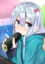 1girl blue_eyes bow censored eating ehoumaki eromanga_sensei fellatio female_focus food food_in_mouth green_jacket hair_bow highres izumi_sagiri jacket makizushi mosaic_censoring muoto oral pink_bow pixelated pointless_censoring silver_hair simulated_fellatio solo sushi upper_body