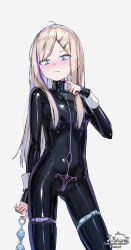 1girl aqua_eyes blonde_hair blush bodysuit breasts commentary covered_navel dildo english_commentary hair_ornament hairclip highres holding holding_sex_toy latex latex_bodysuit liclac long_hair looking_at_viewer mixed-language_commentary original pubic_tattoo sex_toy skin_tight small_breasts solo tattoo thigh_strap