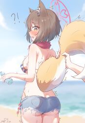 !? 1girl absurdres animal_ear_fluff animal_ears bare_arms bare_shoulders beach bikini blue_archive blue_bikini blush bottle brown_hair denim denim_shorts fox_ears fox_girl fox_tail from_behind halo highres holding holding_another&#039;s_tail holding_bottle izuna_(blue_archive) izuna_(swimsuit)_(blue_archive) ocean official_alternate_costume open_mouth pink_halo red_scarf sanwenyu_juan_bing scarf short_hair short_shorts shorts solo striped_bikini striped_clothes swimsuit tail yellow_eyes
