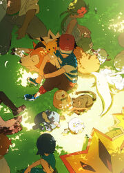 3girls 4boys absurdres alolan_form alolan_vulpix ash_ketchum blue_hair blue_shoes bracelet coat commentary_request flower gen_1_pokemon gen_7_pokemon grass hair_flower hair_ornament hat highres jewelry kiawe_(pokemon) korean_commentary lana_(pokemon) lillie_(pokemon) litten lycanroc lycanroc_(dusk) mallow_(pokemon) multiple_boys multiple_girls nintendo outdoors pants pikachu pink_flower pokemon pokemon_(anime) pokemon_(creature) pokemon_on_arm pokemon_sm_(anime) popplio professor_kukui red_hat rowlet sandals sangrokei shadow shirt shoes short_sleeves sleeveless sleeveless_shirt sophocles_(pokemon) steenee t-shirt togedemaru turtonator z-ring