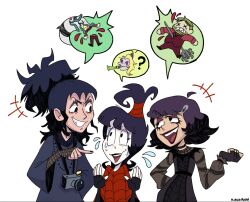 ... 3girls ? alternate_universe beetlejuice beetlejuice_(character) black_dress black_eyes black_hair black_nails blush camera camera_around_neck dress eye_contact eyeshadow female_focus fingerless_gloves gloves goth_fashion grin highres kirukrono lipstick long_hair long_sleeves looking_at_another lydia_deetz lying makeup medium_hair multiple_girls multiple_persona nail_polish nervous_smile on_stomach pale_skin pointing ponytail purple_hair red_lips smile spoken_ellipsis standing sweat the_pose white_background