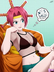 1girl aqua_shorts bikini bikini_top_only black_bikini blue_eyes bow breasts cleavage collarbone crossed_legs female_focus fishnets hair_intakes head_rest headband hunter_x_hunter laura_jimenez medium_breasts menchi_(hunter_x_hunter) midriff navel open_mouth pillow pink_bow red_hair short_hair short_shorts shorts sideboob sitting solo speech_bubble stomach swimsuit thought_bubble