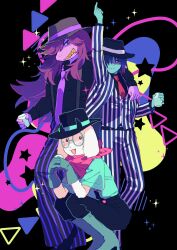 1girl 1other absurdres animal_ears arm_around_shoulder arm_up bandana bandana_around_neck beryllium_game black_hat black_pants black_shirt blue_skin collared_shirt colored_sclera colored_skin commentary cup deltarune english_commentary fedora furry furry_female furry_male gloves goat_boy goat_ears green_gloves green_shirt hair_over_one_eye hat highres holding holding_cup horns jacket kris_(dark_world)_(deltarune) kris_(deltarune) kris_(gangster)_(deltarune) long_hair long_sleeves necktie open_mouth pants pointing pointing_up purple_eyes purple_hair purple_necktie purple_skin ralsei_(gangster) red_bandana red_eyes red_necktie round_eyewear shirt short_sleeves smile squatting star_(symbol) striped_clothes striped_jacket striped_pants striped_vest suit_jacket susie_(dark_world)_(deltarune) susie_(deltarune) susie_(gangster)_(deltarune) suspenders teeth triangle vertical-striped_clothes vertical-striped_jacket vertical-striped_pants vertical-striped_vest vest yellow_sclera