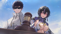 1boy 1girl absurdres adjutant_(snowbreak) armpit_cutout black-framed_eyewear black_hair breasts clothing_cutout collar collared_shrug commentary elbow_gloves english_commentary gavel glasses gloves gradient_clothes highres jacket large_breasts long_hair looking_at_viewer low_twintails mole mole_under_each_eye mole_under_eye multicolored_hair multiple_moles official_art official_wallpaper open_mouth purple_collar purple_eyes purple_hair purple_shrug round_eyewear semi-rimless_eyewear short_hair shrug_(clothing) sidelocks sky smile snowbreak:_containment_zone stomach_cutout streaked_hair sunglasses tight_clothes twintails vidya_shannon white_jacket