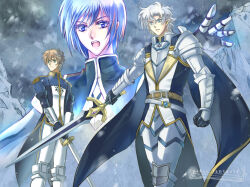 Rule 34 | 3boys, armor, armored boots, black gloves, black jacket, blue eyes, blue hair, boots, breastplate, brown hair, closed mouth, commentary request, elbow gloves, feet out of frame, gargadia empire, gauntlets, gloves, holding, holding sword, holding weapon, jacket, looking afar, male focus, multicolored jacket, multiple boys, open mouth, pants, pixiv fantasia, pixiv fantasia 5, pointy ears, shijou satori, short hair, snowing, standing, sword, weapon, white hair, white jacket, white pants