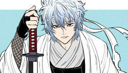 Rule 34 | 1boy, aged down, blue background, blue hair, closed mouth, commentary, commentary request, fishnets, gintama, gloves, hair between eyes, haori, headband, holding, holding sword, holding weapon, japanese clothes, katana, kimono, long sleeves, looking at viewer, male focus, messy hair, official alternate costume, pike 121, red eyes, sakata gintoki, solo, sword, two-tone background, upper body, weapon, white headband, white kimono