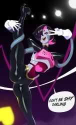 Rule 34 | 1girl, absurdres, black hair, combos &amp; doodles, english text, gloves, highres, looking at viewer, mettaton, multicolored hair, open mouth, pink eyes, pink hair, short hair, solo, speech bubble, split, standing, standing on one leg, standing split, teeth, two-tone hair, undertale, upper teeth only, v, white gloves