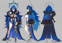 Rule 34 | 1girl, absurdres, ahoge, armored boots, ball and chain restraint, black bridal gauntlets, blue cape, blue hair, blue nails, blue wings, boots, breasts, bridal gauntlets, broken horn, brown eyes, cape, chain, closed mouth, collar, cuffs, feather boa, feathered wings, hair between eyes, halo, hand on own hip, highres, hominamia, horns, indie virtual youtuber, leotard, low wings, metal collar, mole, mole on breast, multiple views, oumiya emma, oumiya emma (2.0), pelvic curtain, pointy ears, second-party source, see-through clothes, see-through leotard, single thigh boot, single thighhigh, smile, thigh boots, thighhighs, tiara, torn clothes, torn leotard, two-sided fabric, virtual youtuber, white background, wings