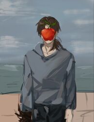 1boy apple arthropod_limbs beard_stubble blue_sky brown_hair cloud cloudy_sky covered_face damalcb facial_hair floating floating_object food fruit gregor_(project_moon) grey_hoodie highres hood hood_down hoodie horizon limbus_company looking_at_object low_ponytail male_focus ocean ponytail project_moon sky solo standing stubble upper_body