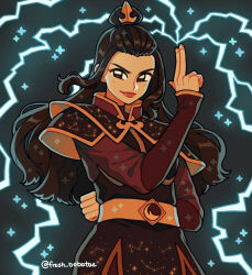 1girl arm_behind_back avatar:_the_last_airbender avatar_legends azula bangs_pinned_back belt brown_dress brown_eyes brown_hair constellation_print dress element_bending emily_kim hair_ornament half_updo high_collar highres lightning long_hair long_sleeves red_shirt salute shirt sparkle topknot twitter_username two-finger_salute v-shaped_eyebrows yellow_belt
