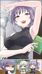3girls arm_up bang_dream! bang_dream!_it&#039;s_mygo!!!!! black_shirt blue_shirt book breasts clapping closed_mouth commentary drill_hair english_commentary fang green_hair highres holding holding_book izami_md long_hair medium_breasts multiple_girls pink_eyes purple_hair shirt short_hair sleeveless sleeveless_shirt star-shaped_pupils star_(symbol) symbol-shaped_pupils teeth twin_drills udagawa_ako upper_teeth_only wakaba_mutsumi yellow_eyes yuutenji_nyamu