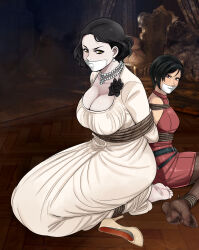 Rule 34 | 2girls, absurdres, ada wong, alcina dimitrescu, arms behind back, bdsm, black flower, black hair, bondage, bound, bound ankles, bound arms, breasts, brown eyes, capcom, cleavage, earrings, flower, gag, gagged, highres, improvised gag, jewelry, large breasts, looking at viewer, lost one zero, makeup, multiple girls, necklace, resident evil, resident evil 2, resident evil village, shoes, unworn shoes, tape, tape gag, yellow eyes
