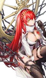 1girl :t absurdres alchemy_stars between_breasts black_gloves black_thighhighs breasts cleavage cleavage_cutout cloak closed_mouth clothing_cutout commentary commentary_request dress earrings garter_straps gloves hair_spread_out headpiece highres hood hooded_cloak jewelry large_breasts long_hair long_sleeves looking_at_viewer mizuya pact_(alchemy_stars) pelvic_curtain plant red_hair simple_background solo strap_between_breasts thighhighs thorns very_long_hair vines wheel white_background white_cloak white_dress yellow_eyes