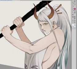 Rule 34 | 1girl, art program in frame, bake ryori, bare arms, breasts, club, club (weapon), earrings, highres, holding, holding weapon, horns, jewelry, large breasts, looking at viewer, one piece, orange horns, ponytail, serious, shirt, sideboob, solo, spiked club, weapon, white shirt, yamato (one piece), yellow eyes