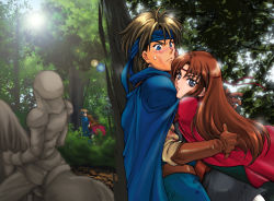 1girl aqua_eyes blue_cape blue_headband brown_hair cape circlet closed_mouth commentary_request dress flik_(suikoden) gensou_suikoden gensou_suikoden_i gloves headband horse long_hair multiple_boys multiple_views nib_pen_(medium) odessa_silverberg open_mouth pen_(medium) red_cape short_hair shuri_yasuyuki soldier traditional_media