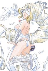 1girl absurdres ass back bare_shoulders bird blindfold blonde_hair boots breasts choker clam cleavage closed_eyes commentary covered_eyes digimon digimon_(creature) dove dress english_commentary eyes_visible_through_eyewear facing_viewer falling_feathers feathers highres holding jewelry knee_boots large_breasts long_hair mixed-language_commentary nanaeljustice necklace o-ring o-ring_bottom o-ring_panties olive_(digimon) open-toe_boots open_mouth panties parted_bangs pelvic_curtain scallop signature simple_background smile solo_focus standing standing_on_one_leg strapless strapless_dress teeth underwear upper_teeth_only vambraces venusmon very_long_hair white_background white_boots white_dress white_panties wing_ears
